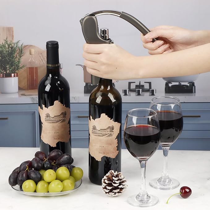 KAYCROWN Stainless Steel Wine Bottle Opener, Vertical Lever Corkscrew with Metal handle, Foil Cutter and Extra Spiral, Manual Handheld Corkscrew with Ergonomic Lever Pump(Grey)