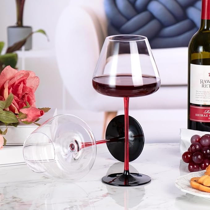 KAMMAK Wine Glasses Set of 2, 24.35 oz Hand Blown Crystal Bordeaux Wine Glasses, Thin Rim & Long Stem, Perfect for Red & White, Daily Use, Wedding or Birthday Gift with Gift Box, XH-H250 Black Base