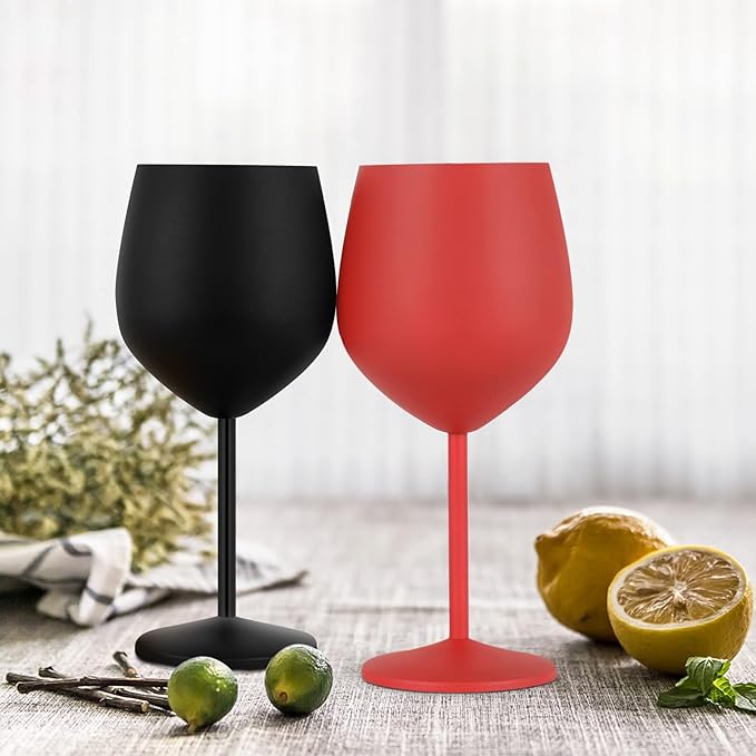Lifecapido Stainless Steel Wine Glasses Set of 4, 18oz Stainless Steel Wine Goblets, Metal Wine Glasses with Cup Brush for Party Office Wedding Anniversary, Great for Red White Wine, Black and Red