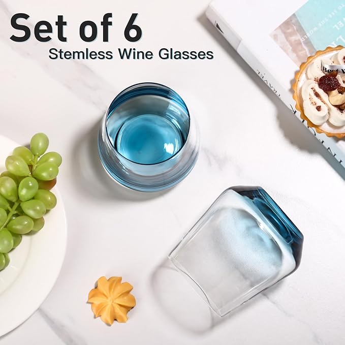 JOVGANK Blue Stemless Wine Glasses Set of 6 - Hand Blown White Red Stemless Wine Glass - 17 oz, [Lead-Free Crystal Glass] Large Short Glass Tumblers, Housewarming Gifts and Mother's Day Gift