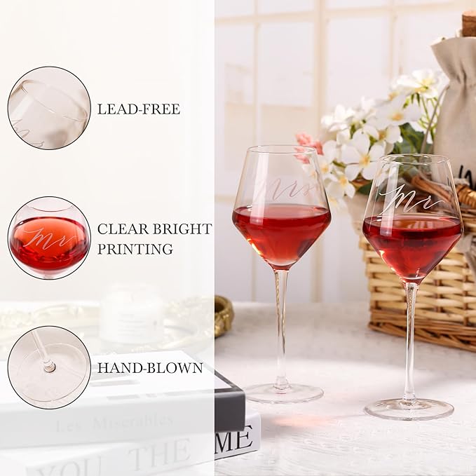 2026 Mr & Mrs Wine Glasses Gift Set with Memory Box,Wine Bag, Greeting Card – Engagement, Wedding & Newlywed Gifts for Couples, Just Engaged Gifts for Women