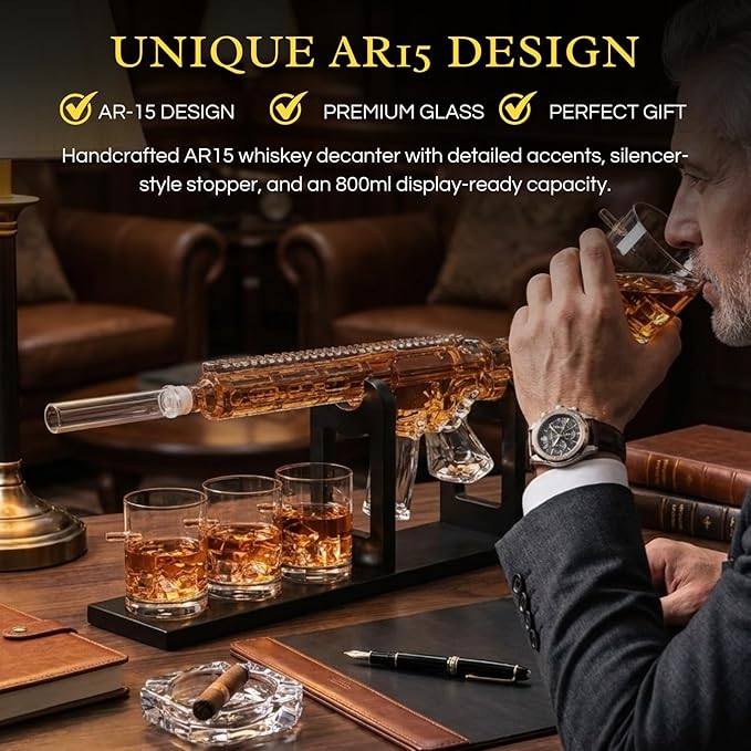 AR15 Gun Decanter Birthday Gifts for Men Dad, Whiskey Set - Rifle Limited Edition, Silencer Stopper - 800 ml & 12oz Bullet Glasses - Father Gift - Drinking Party, Liquor, Vodka Tik Tok Viral Dispenser