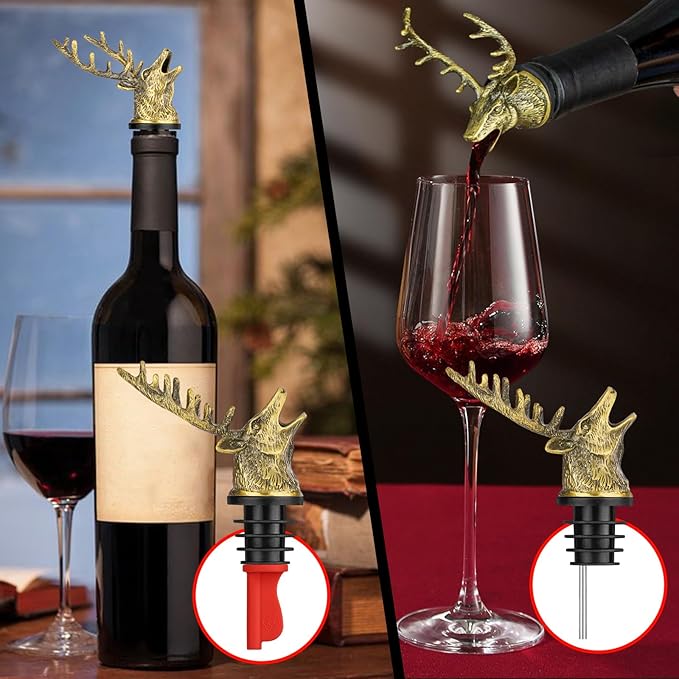 LKKCHER Deer Head Wine Bottle Pourer and Stopper Birthday Gifts Hunting Gifts for Hunters Men Dad Liquor Bottle Pourers Spout for Alcohol Spirits, Stag Gifts Wine Gifts, Bronze