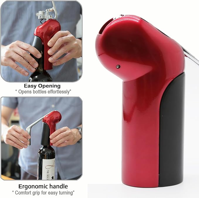 Vertical Corkscrew Wine Opener, One-Pull Manual Lever Bottle Opener with Foil Cutter, Red Easy Cork Remover for Home Bar, Parties, Gifts