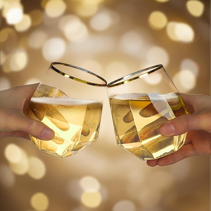 Goodluck 80 PCS Diamond Stemless Plastic Wine Whiskey Glasses, 12 Oz Disposable Cocktail Glasses, Suitable for Weddings, Birthday Parties, Family Gatherings, Bars, etc （Gold rimmed cups）
