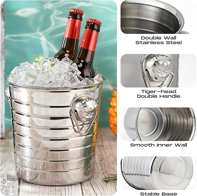 Pinkunn 3 Pack Stainless Steel Champagne Bucket 3 Qt Metal Ice Bucket Double Wall Wine Buckets with Handles Party Beverage Chiller for Champagne Beer Cocktail Wine Drinks Home Bar Accessories (Silver)