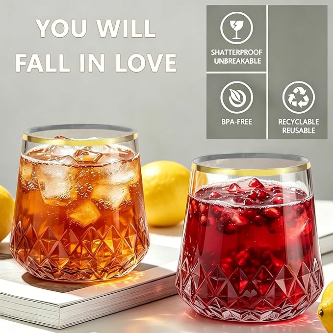 Lueumxc 40 Pack Plastic Wine Glasses, 14Oz Gold Rim Disposable Wine Glasses Unbreakable Rhombus Plastic Cocktail Glasses Recyclable Shatterproof Reusable Wine Cups
