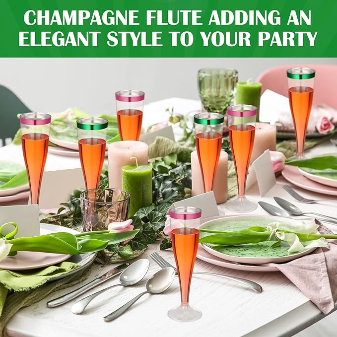 Jingmore 36 Pcs Plastic Champagne Flutes 4.5 oz Clear Disposable Wine Glasses Cocktail Cup Champagne Glass for Wedding Graduation Summer Party Favor Mimosa Bar Supplies (Green,Pink)