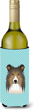 Caroline's Treasures BB1180LITERK Checkerboard Blue Sheltie Wine Bottle Hugger Bottle Cooler Sleeve Hugger Machine Washable Collapsible Insulator Beverage Insulated Holder