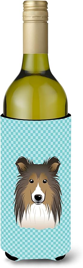 Caroline's Treasures BB1180LITERK Checkerboard Blue Sheltie Wine Bottle Hugger Bottle Cooler Sleeve Hugger Machine Washable Collapsible Insulator Beverage Insulated Holder