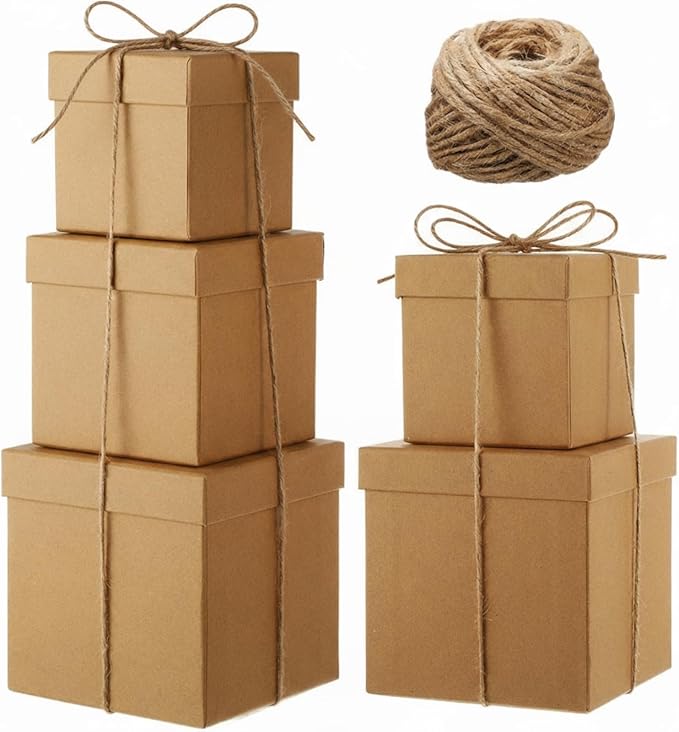 Cholemy 5 Pcs Square Nesting Boxes Decorative Gift Boxes with Lid and Ribbon Assorted Sizes Wrap for Wedding, Carnival, Anniversary, Birthday, Bridal Shower Party Gifts(Brown)