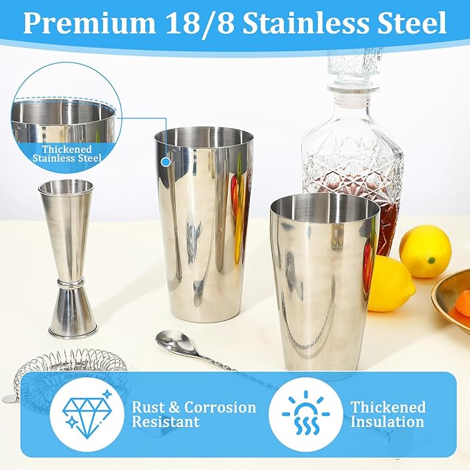 Professional Cocktail Shaker, Professional 5-Piece Bartender Kit with Boston Shaker, Hawthorne Strainer, Double Measuring Cocktail Jigger, and 10-inch Mixing Spoon, Stainless Steel Martini Shakers