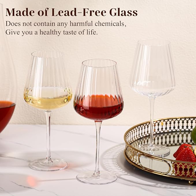 Ribbed Wine Glasses Set of 4-20oz Hand-Blown Fluted Glassware, Lead-Free Crystal Vintage Ripple Texture Red Wine Glasses, Perfect Gifts for Weddings, Birthday, Special Occasions
