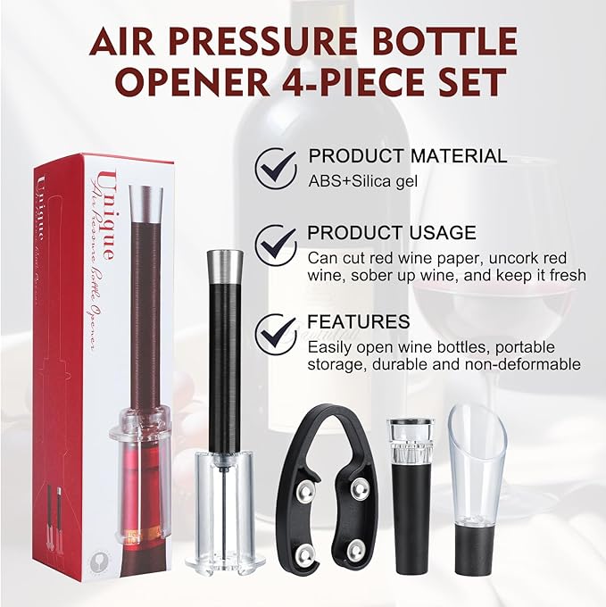 Wino on the Go Wine Opening Set, Air Pump Wine Bottle Opener Set, The Perfect Wine Opener, Wine Aerator Pourer Spout, Momentum Wine Opening Set, Wine Opener Pump(Aluminum head,Black)