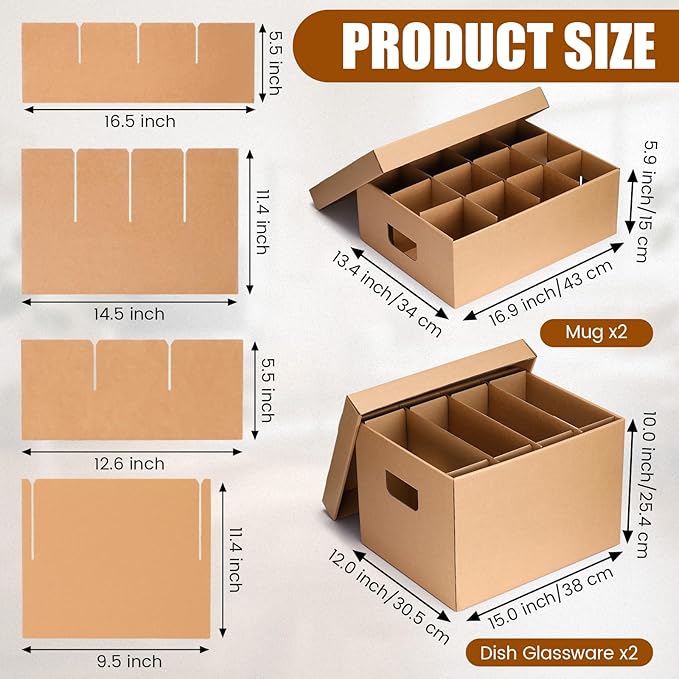 MotiMind 4 Pack Dish Mug Moving Boxes with Divider Kits Included 2 Dish Glass 15 x 12 x 10 Inch and 2 Mug 17 x 13 x 6 Inch Kitchen Moving Boxes with Handle Packing Box for Glassware