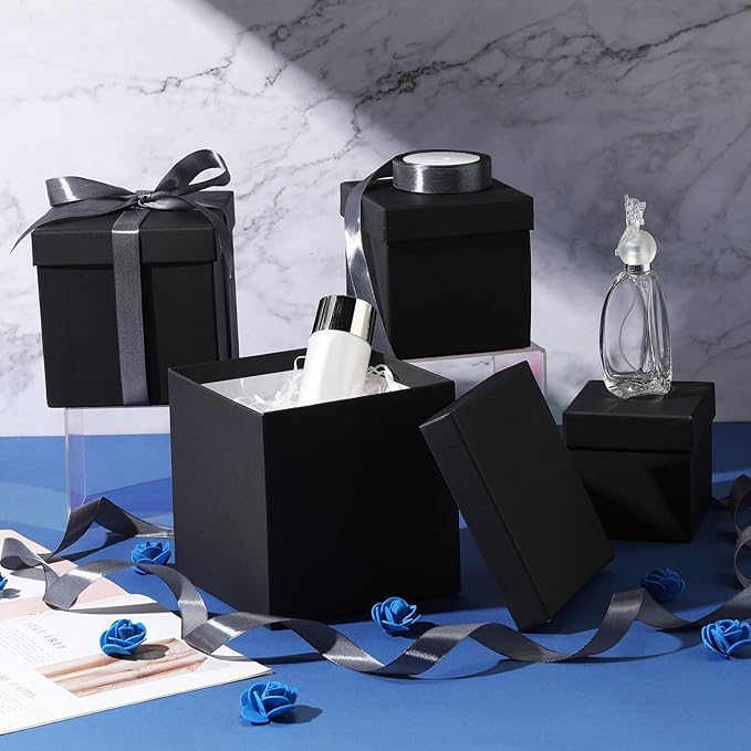 Cholemy 5 Pcs Square Nesting Boxes Decorative Gift Boxes with Lid and Ribbon Assorted Sizes Wrap for Wedding, Carnival, Anniversary, Birthday, Bridal Shower Party Gifts(Black)