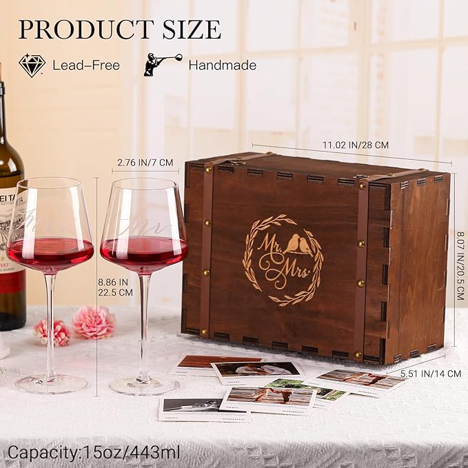 Mr & Mrs Wine Glasses Gift Set with VINTAGE Memory Box – Engagement, Wedding & Newlywed Gifts for Couples, Just Engaged Gifts for Women