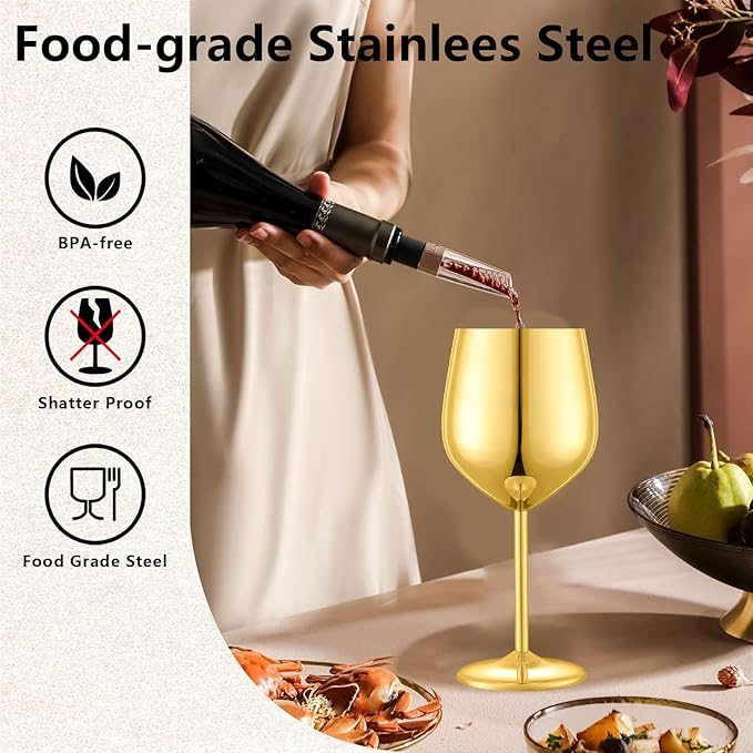 Stainless Steel Wine Glasses, Unbreakable Gold Wine Glass 18 oz Unique Metal Wine Goblets for Outdoor, Travel, Camping, Pool, Ideal Gift for Wine Lovers (6 Cups + 1 Bottle Opener)