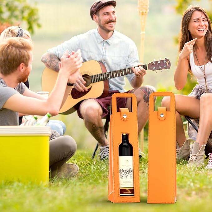 RYDDOY Wine Gift Bag, Reusable Leather Wine Tote Carrier, Single Bottle Champagne Beer Gift Bags Carrier for Birthday, Wedding, Picnic Party, Christmas festival Gifts (Orange)