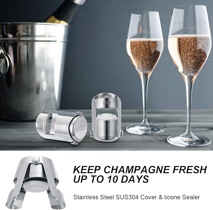OWO Champagne Bottle Stoppers Stainless Steel, Reusable Champagne Cork & Saver Stopper, Leak Proof Prosecco & Sparkling Wine Plug, Bubble Retention Protection （Silver, 1 Pack）