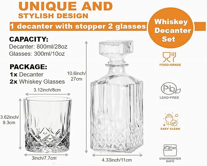 Whiskey Decanter Set,800ML Elegant Liquor Carafe with Ornate Glass Stopper and 2 Matching Whisky Tumblers–Whisky,Scotch, Liquor, Wine, Bourbon, Gin, Rum, Tequila, Vodka and Brandy (Iceberg Style)