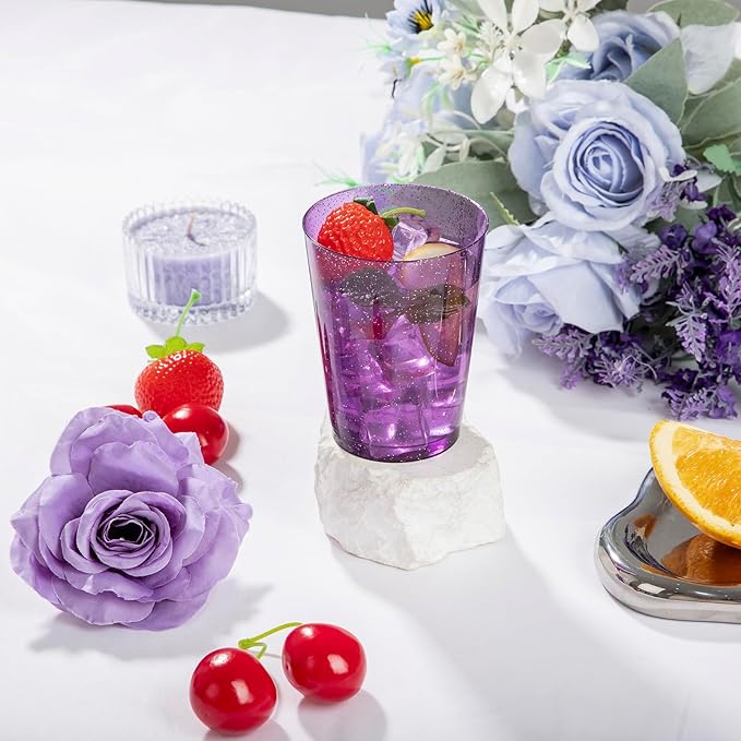 DaYammi 100 Pack 10 oz Purple Plastic Cups- Disposable Cups Tumblers, Elegant Purple Glitter Party Drinking Cup Perfect for Wedding Purple cups Perfect for Mother's Day Party Wedding