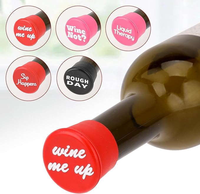Qianyu 5 Pack Funny Silicone Wine Stoppers Accessories for Wine Lovers Gifts Reusable Bottles Cover Caps Replace Wine Saver Bottles Corks Airtight Seal Decorative To Preserve Fresh