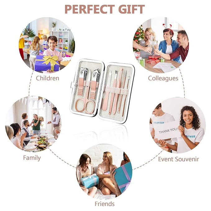 Geosar 12 Sets Manicure Set Nail Clippers Pedicure Kit 8 in 1 Grooming Stainless Steel Kits Nail Care Tools with Travel Case for Employee Coworker Teachers Nurse Gifts(Rose Gold)
