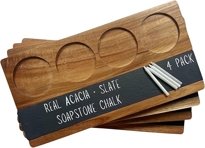 Wooden Flight Board Set – Wine, Beer, Whiskey, Mimosa, and Cocktail Tasting Tray – Acacia Wood Serving Board with Slate Chalkboard – Home Bar & Entertaining Gift (Set of 4, 16x8 inches)