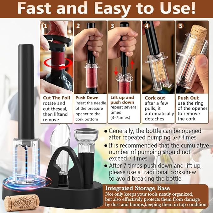 5 Pcs Air Pump Wine Opener Set with Foil Cutter, Wine Pourer, Vacuum Stopper and Storage Base NUCOKRS Corkscrew Great Gift for Wine Lovers