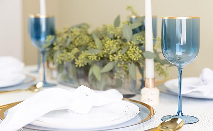PLASTICPRO Blue Wine Cup with Gold rim Plastic Wine Glasses Set of 5 Elegant Wine Goblets Hard Plastic Wine Cups on Stem 12 Ounce