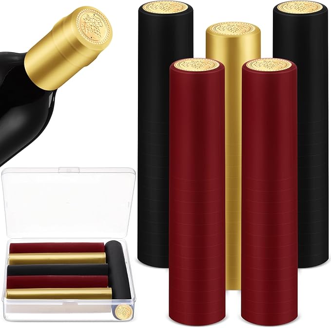 Maxdot 120 Count PVC Heat Shrink Capsules with Storage Box Wine Bottle Sealer for Cruise Shrink Wrap Bottle Corks Capsules for Professional Making Wine Cellars and Home(Red, Gold, Black)