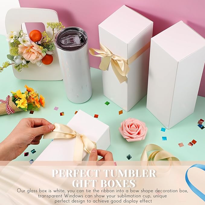 Qilery 12 Sets Gift Boxes with Ribbon for Sublimation Glass Tumbler Gift Boxes for 12oz, 20oz, 30oz Shipping Cup Exhibition Packaging(White)