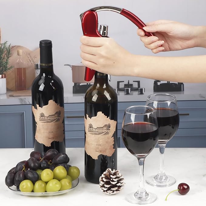 KAYCROWN Stainless Steel Wine Bottle Opener, Compact Vertical Lever Corkscrew with Foil Cutter and Extra Spiral, Manual Handheld Corkscrew with Ergonomic Lever Pump (Red)