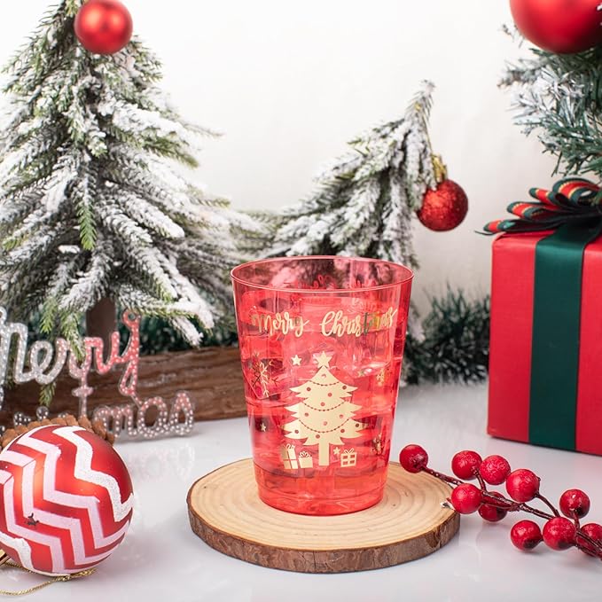 DaYammi 60 Pack Gold Christmas Plastic Cups Disposable, 10 Oz Clear Red Plastic Cups and Green Cups,30 Red Gold Tree Tumblers, 30 Hard Green Cup Bulk for Christmas Party