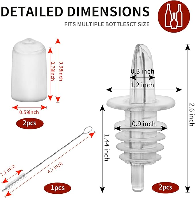 2 PCS Bottle Pourers And 2 PCS rubber pourers dust cap covers Syrup Pourer Pour Spouts Plastic Liquor Bottle Pourers with Rubber Pourers Dust Cap Covers Bottle Pourers (Clear)