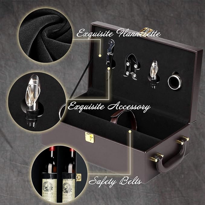 Wine Box, 2 Bottle Leatherette Top Handle with 4 Wine Accessory Travel Wine Gift Box, Handmade Premium Wine Carrier Case