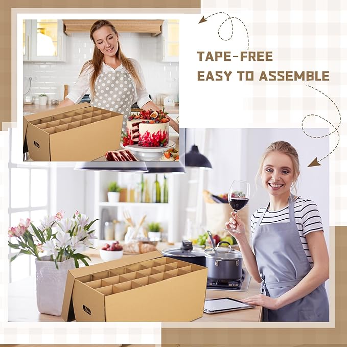 Feifeiya 4 Pack Wine Glass Moving Boxes Kitchen Moving Boxes with Handle Kitchen Kit with Lid for Dish Glassware (Brown,24 x 12 x 11 Inches)