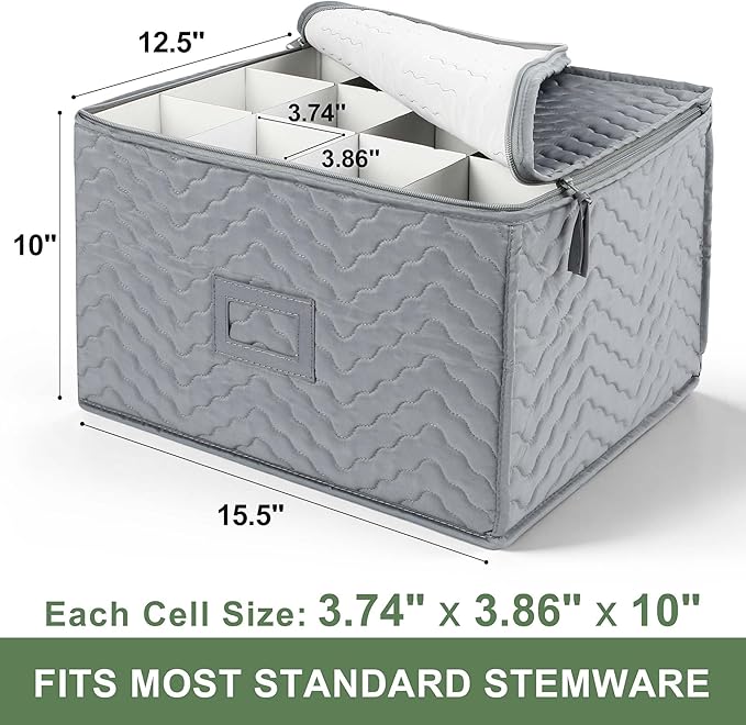 LotFancy Stemware Storage Containers, 2-Pack, Deluxe Quilted Storage Case with Dividers for 24 - Wine Glasses, Champagne Flutes, Glassware, Drinkware Storage Box Chest, 15.5”x12.5”x 10”, Gray