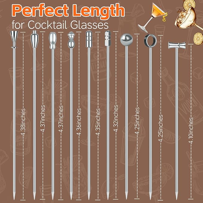 9 Pcs Metal Martini Cocktail Picks, 4.1Inches Olive Skewers Stainless Steel, Martini Garnish Sticks Reusable, Metal Toothpicks for Drinks, Appetizers, Bar Accessories Supplies for Bartenders -Sliver