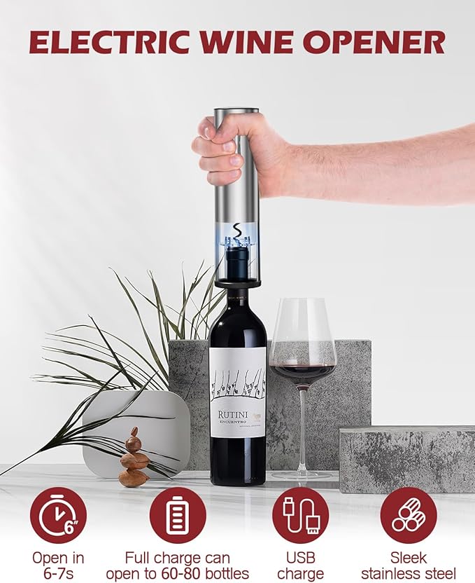 Electric Wine Opener Set, 4 in 1 Electric Wine Bottle Opener, Rechargeable Corkscrew Opener with Aerator, Foil Cutter, Vacuum Stopper, Ideal Present for Wine Lovers, Party, Wedding