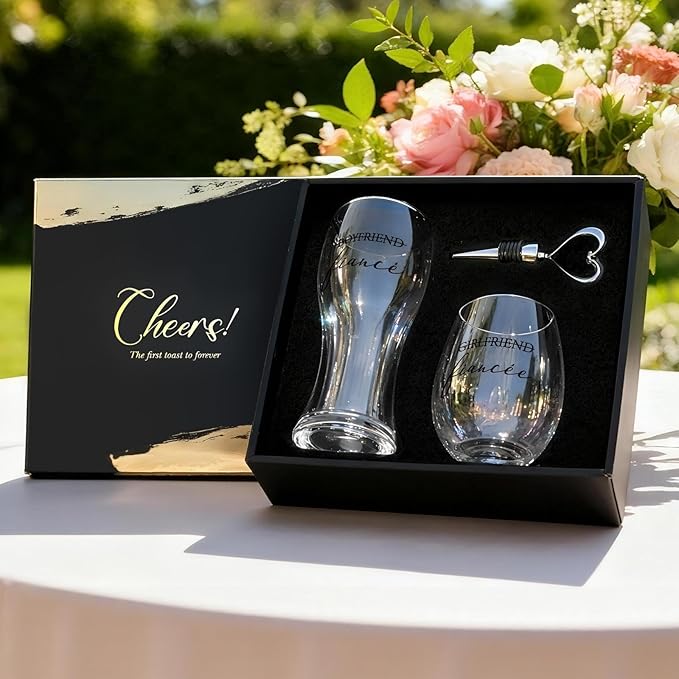 AW BRIDAL Engagement Gifts for Couples and Women, Fiance Wine Glasses and Beer Mug Set for Her, Newly Wed Gift for the Couple 2026, Mr and Mrs Wedding Beer Mug with Wine Stopper for Bride to Be