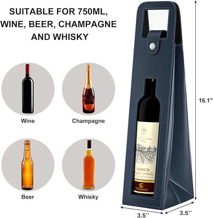 RYDDOY Wine Gift Bag, Reusable Leather Wine Tote Carrier, Single Bottle Champagne Beer Gift Bags Carrier for Birthday, Wedding, Picnic Party, Christmas festival Gifts (Blue)