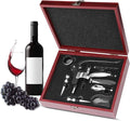 Flexzion Wine Opener Set in Mahogany Wood Case - Wine Bottle Opener Gift Box with Wine Foil Cutter Tool, Stopper, Pourer, Drip Ring, & Lever-Action Corkscrew Wine Opener Manual for Wine Lovers