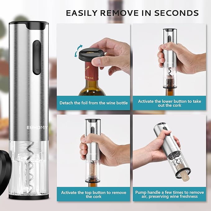 EUHOMY Electric Wine Opener with Charging Base, Wine Aerator Pourer and Foil Cutter, Stainless Steel Automatic Corkscrew Opener with Wine Vacuum Stopper, Fine Set for Wine Lovers