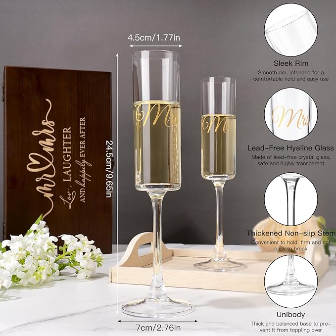 Mr and Mrs Champagne Flutes Set of 2, Crystal Bride and Groom Champagne Glasses, Engagement Bridal Shower and Registry Gifts for Couple Newlyweds, Wedding Anniversary Toasting Glasses with Wooden Box