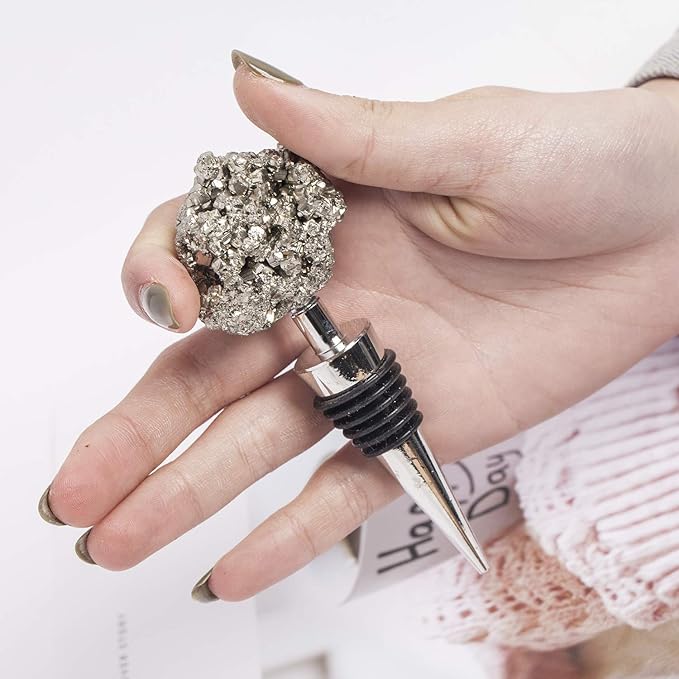 AMOYSTONE Natural Pyrite Wine Bottle Stopper with Airtight Alloy Seal for Kitchen Bar Decor - Irregular Crystal Stone Shelf Ornament, Unique Gift for Wine Lovers (4 Inch)