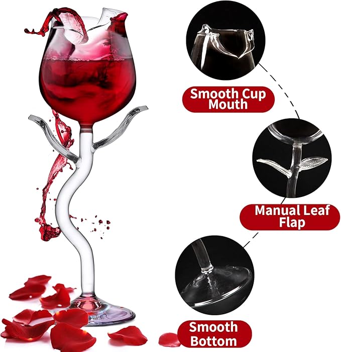 Rose Cocktail Glass Wine Goblet Glasses Flower Drinkware Set of 2, Crystal Champagne Flutes Classy Red Wine Glass, Ideal Gifts for Housewarming, Wedding, Birthday Celebrations
