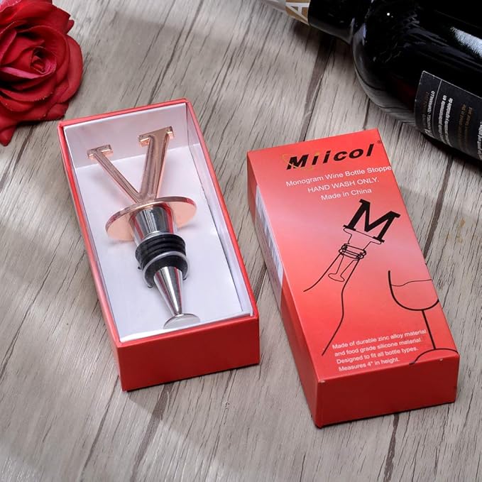 Miicol Prosecco Stopper, Rose Gold Initial Wine Stopper, Personalised Champagne Gift, Funny Kitchen Decor, Letter V