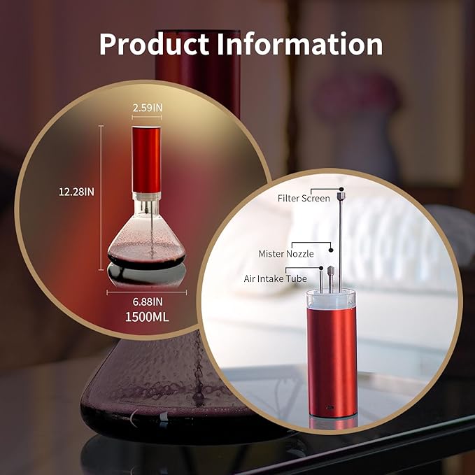 Fogland Electric Wine Decanter 1500ML(50oz), 3/5/10Min Fast Decant, Fine Mist Oxygen Infusion Wine Enhancer, Smart Touch Control, Frosted Aluminum Alloy（Red）